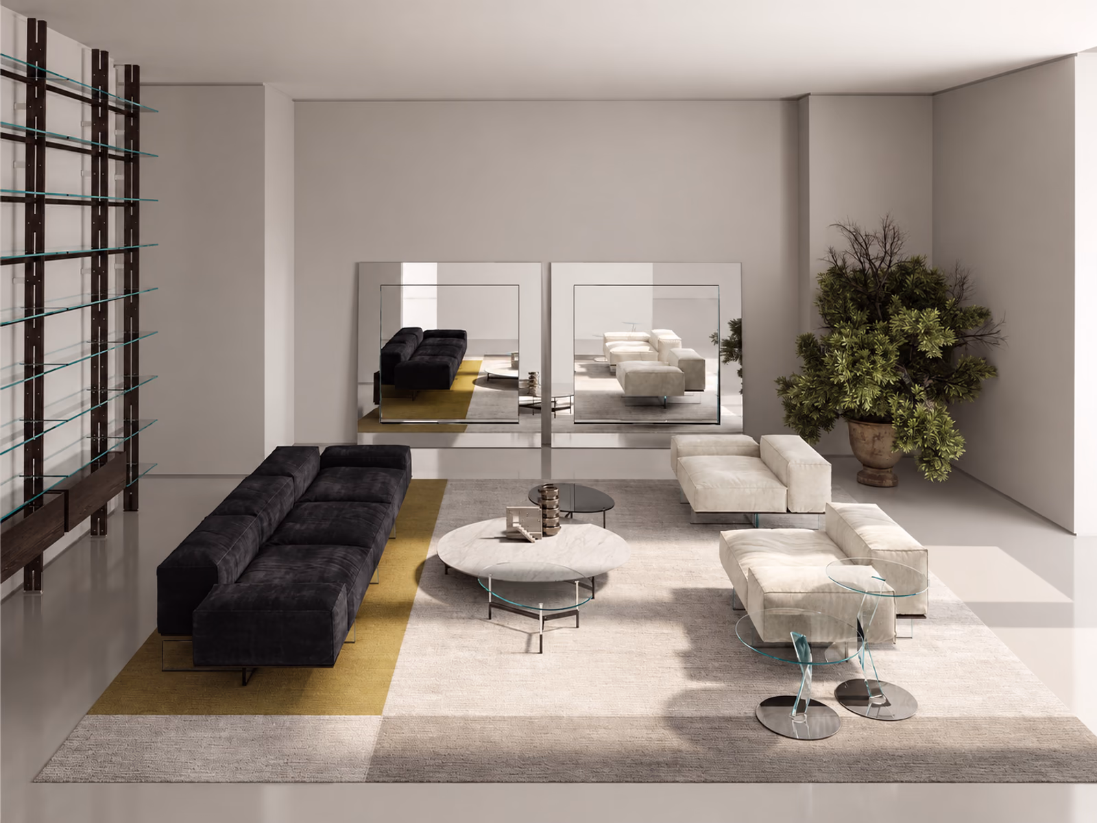 Tonelli: Soft Glass pieces accompany black and white modular seating in a bright room with large mirrors.