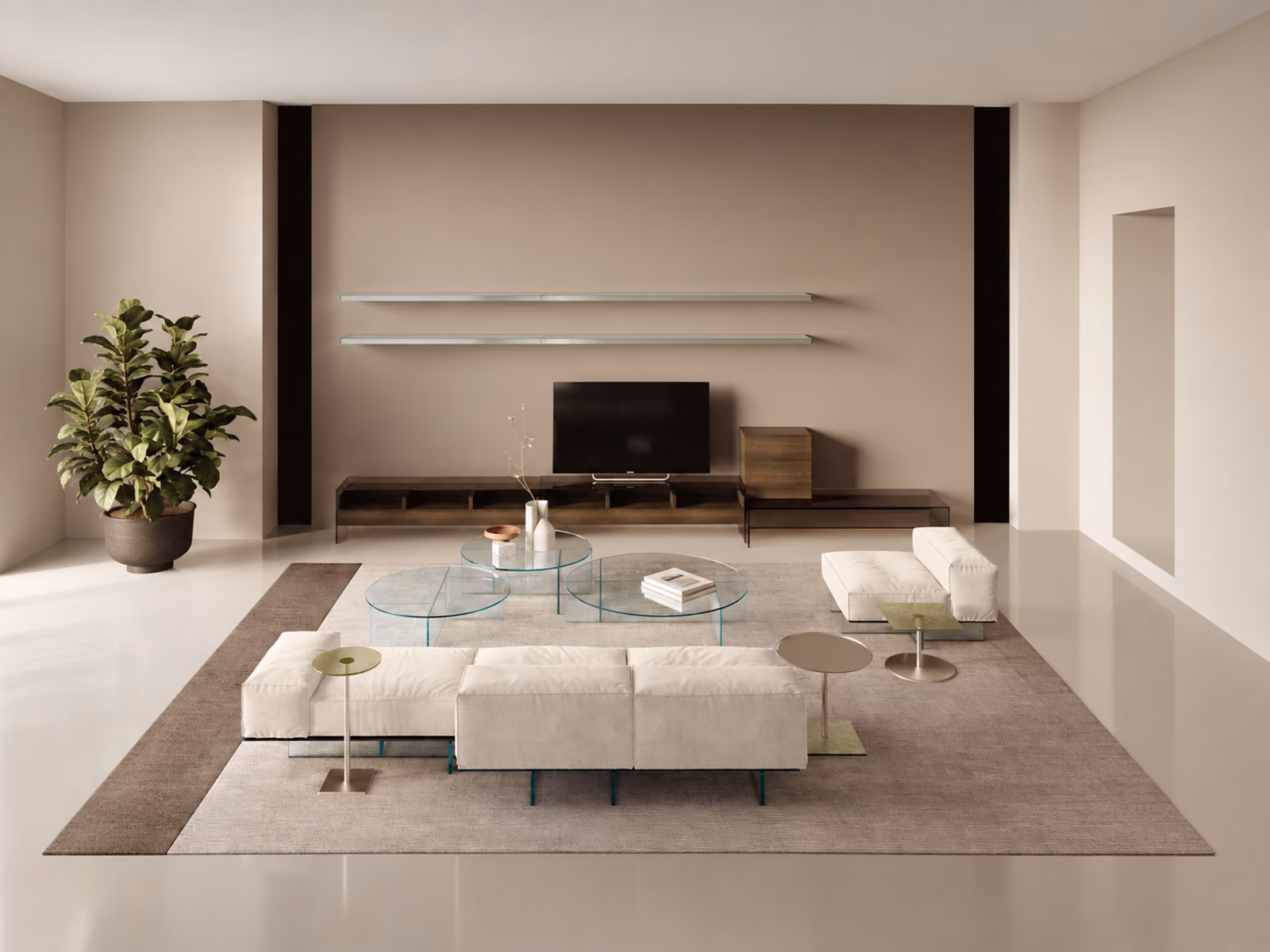 Tonelli: Soft Glass pieces furnish a warm neutral room with white seating and transparent occasional tables.