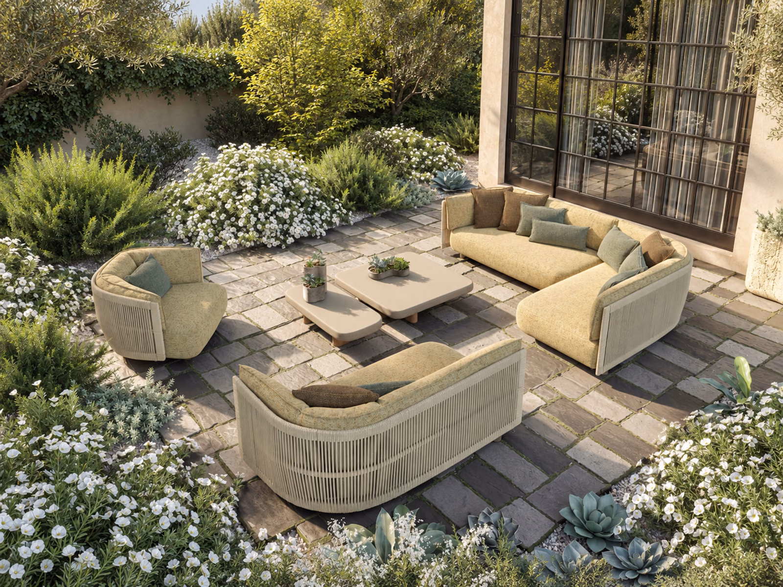 Vondom: Olive-toned woven seating forms a relaxed garden lounge.